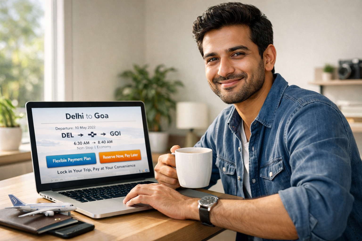 Smart traveler planning flights with flexible payment options